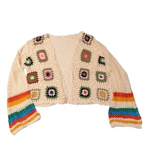 Crochet Patchwork Open-Front Sweater Size XL